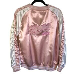 NBA For Her Size Large Pink & White Satin Spurs Basketball Varsity Jacket Zip Up
